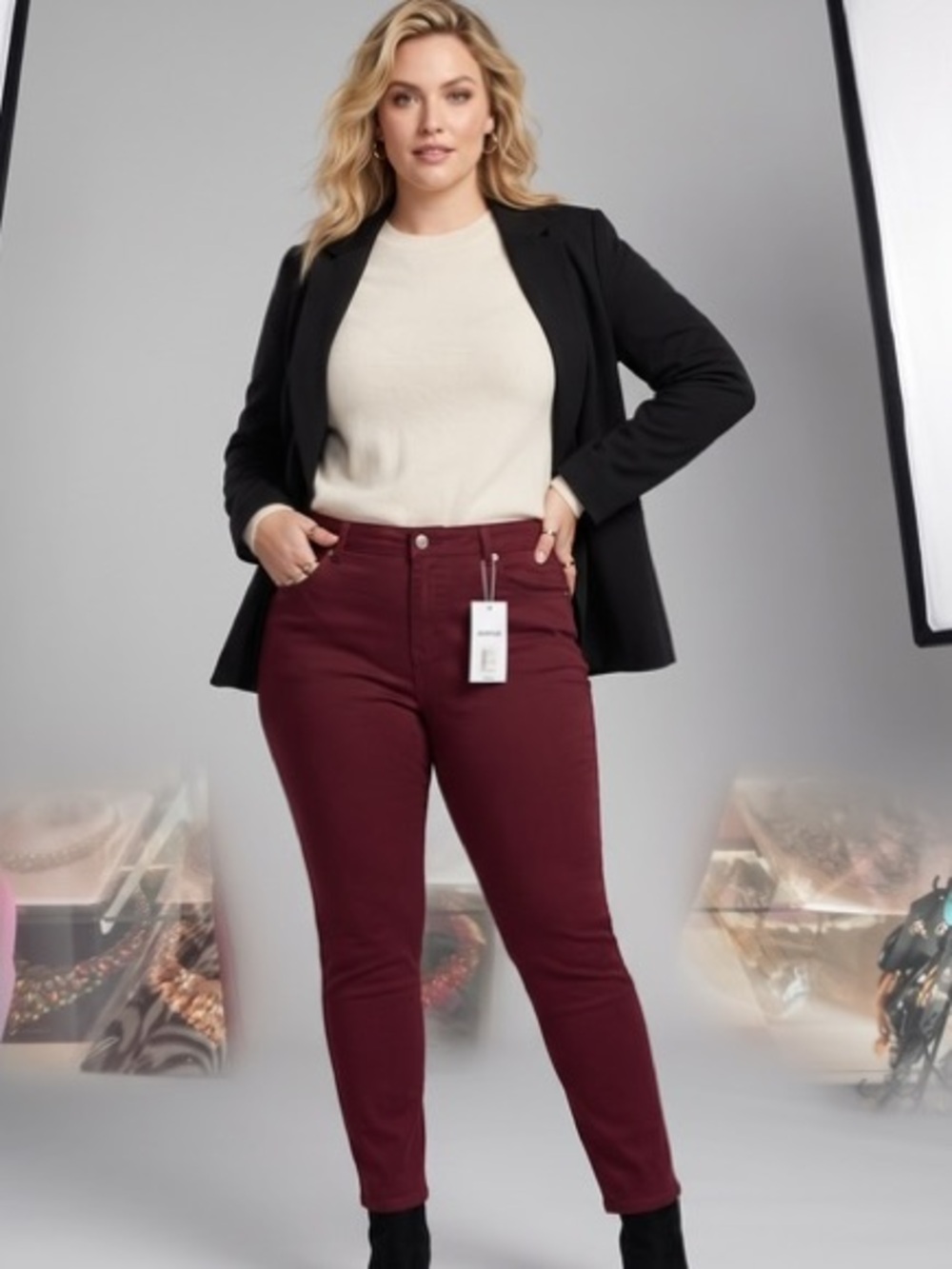Plus-Size High-Rise Skinny Jeans in Burgundy